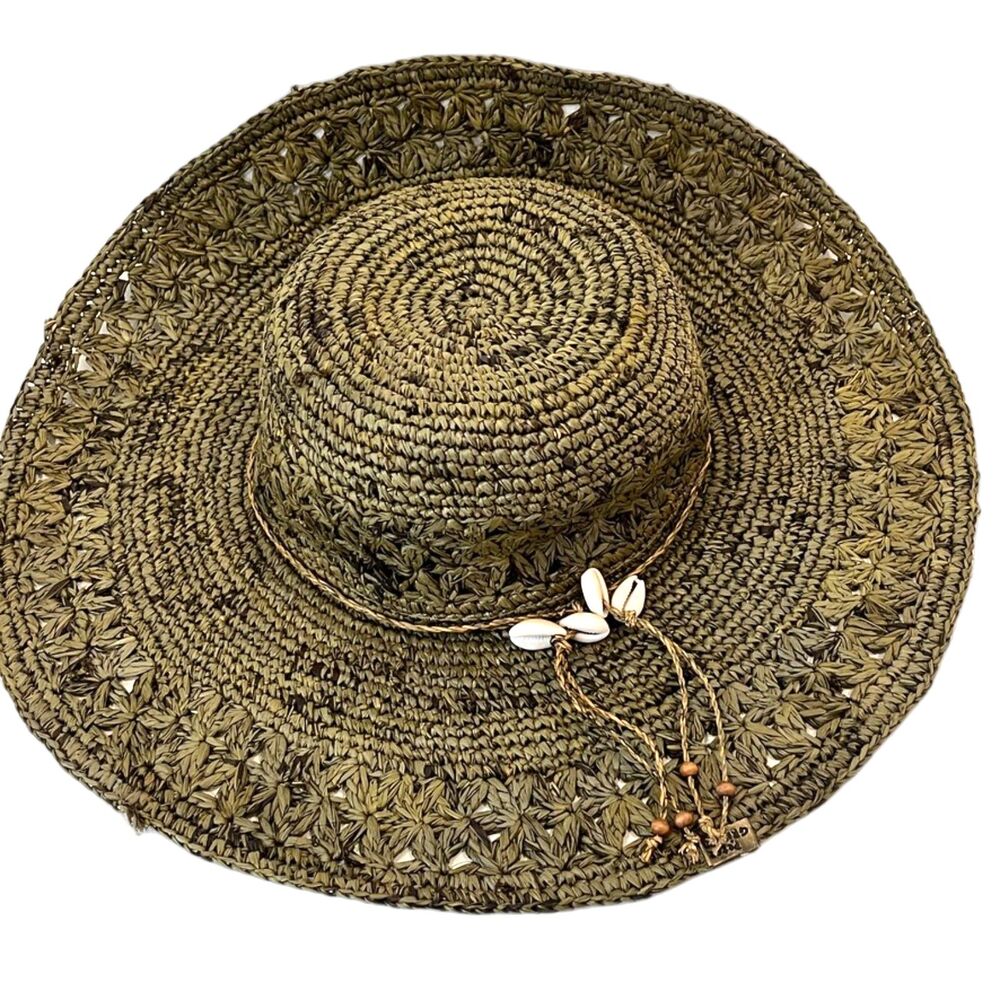 Peter Grimm Straw Sun Hat Puka Shells Vacation Summer Beach Khaki Green